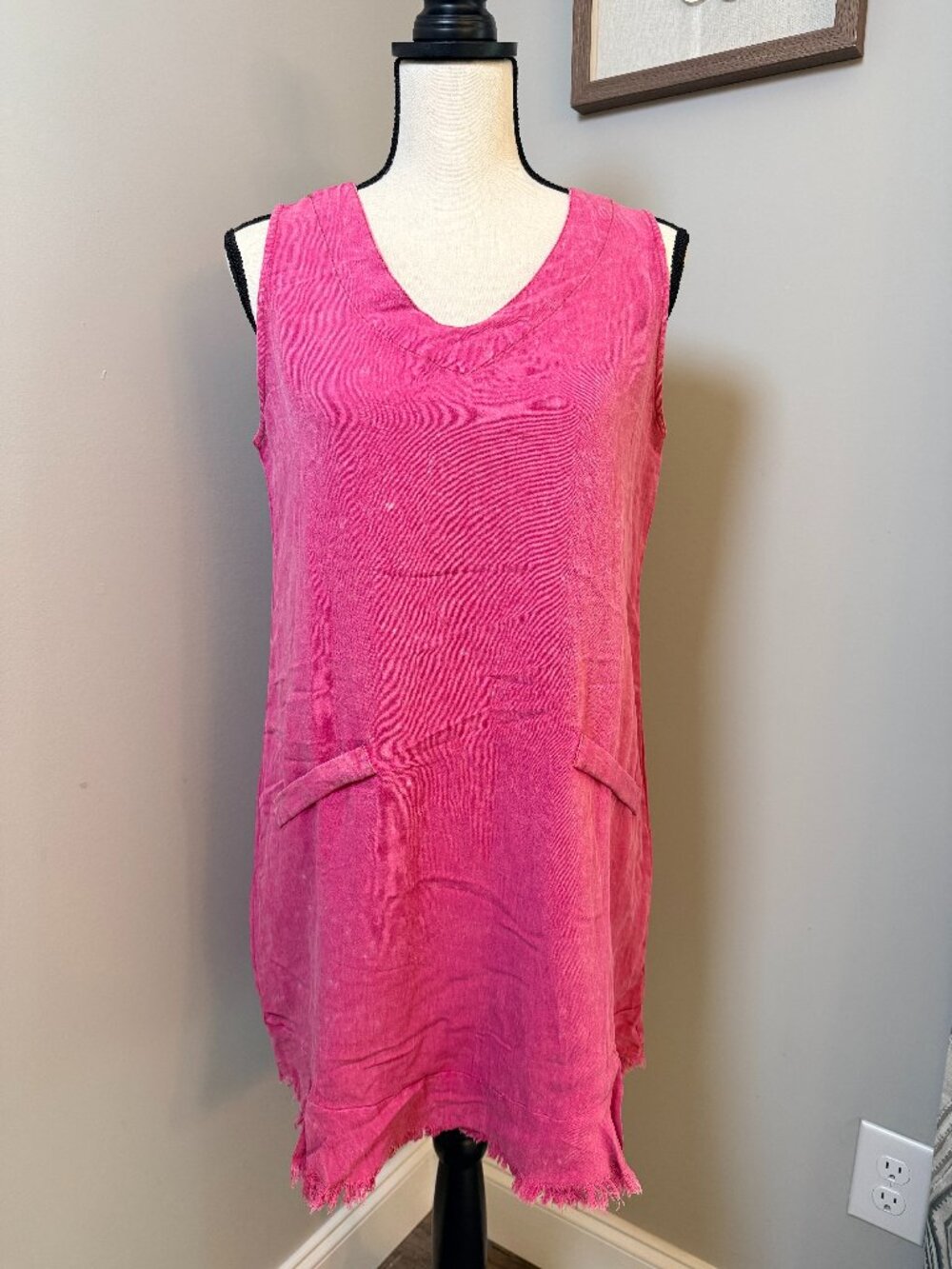 Umgee Hot Pink Chambray Swing Dress Sleeveless Rag Hem V-Neck Faux Pocket